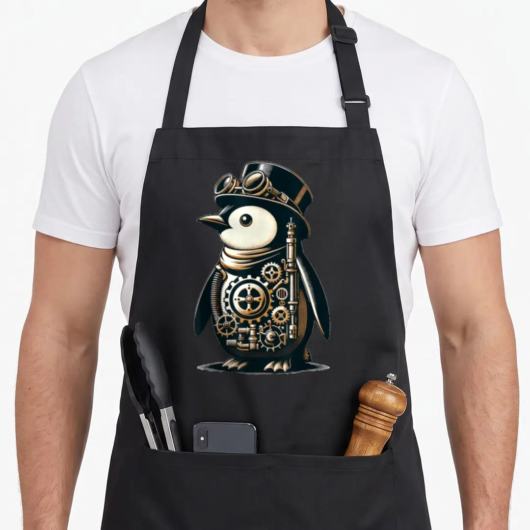 Steampunk penguin aprons - Cartoon penguin with top hat, goggles, and exposed gold clockwork gears on black body — shown on a black cotton canvas apron against a white background