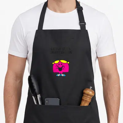 Miss chatterbox mr apron - Stacked LITTLE MISS CHATTERBOX text above a pink cartoon character with yellow hair and blue — shown on a black cotton canvas apron against a white background