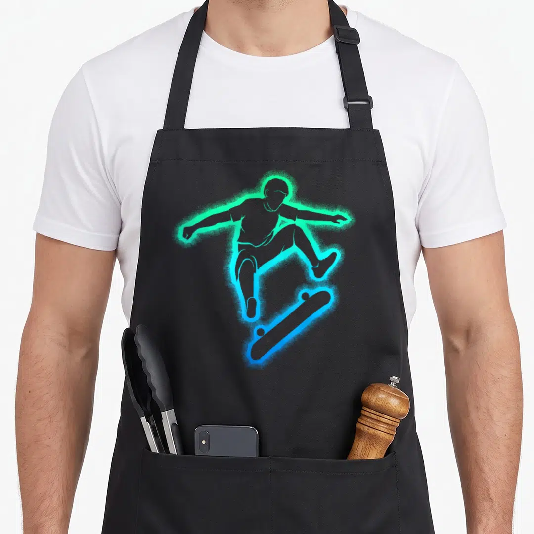 Skateboarder skater skateboard funny apron - Green and blue stippled silhouette of a skateboarder jumping above a board — shown on a black cotton canvas apron against a white background