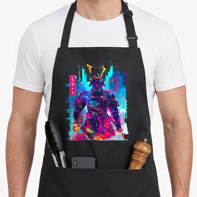 Neon japanese apron - Retro samurai in armor with cyan magenta blue and yellow neon city signs — shown on a black cotton canvas apron against a white background