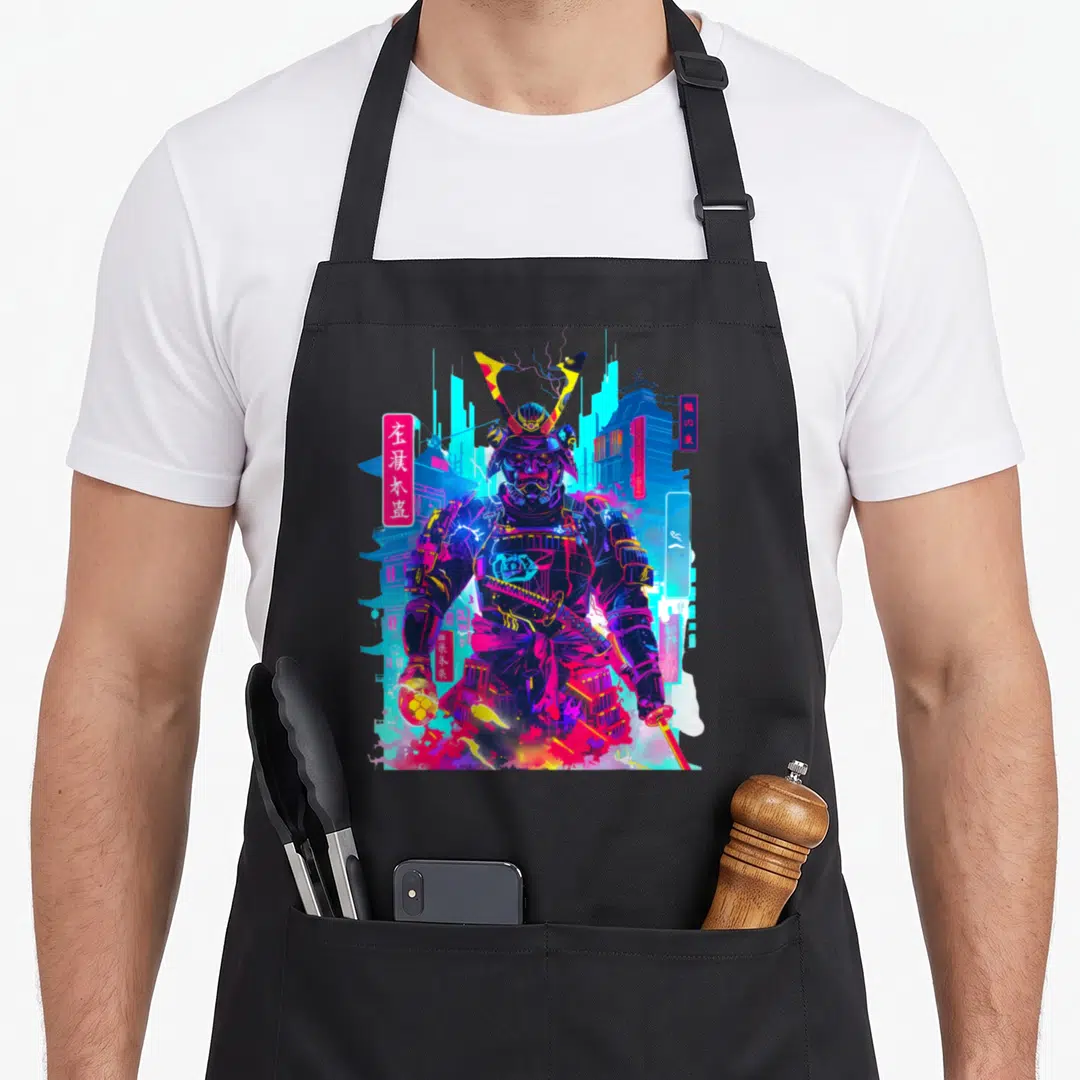 Neon japanese apron - Retro samurai in armor with cyan magenta blue and yellow neon city signs — shown on a black cotton canvas apron against a white background