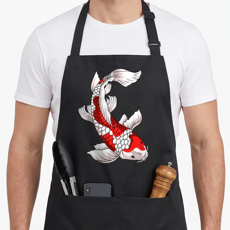 Nishikigoi fish apron - Red and white koi fish in curved swimming pose with black outlines — shown on a black cotton canvas apron against a white background
