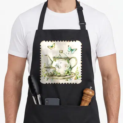 Floral tea party aprons - Watercolor teapot with teacup, two butterflies, and flowers on postage stamp background — shown on a black cotton canvas apron against a white background