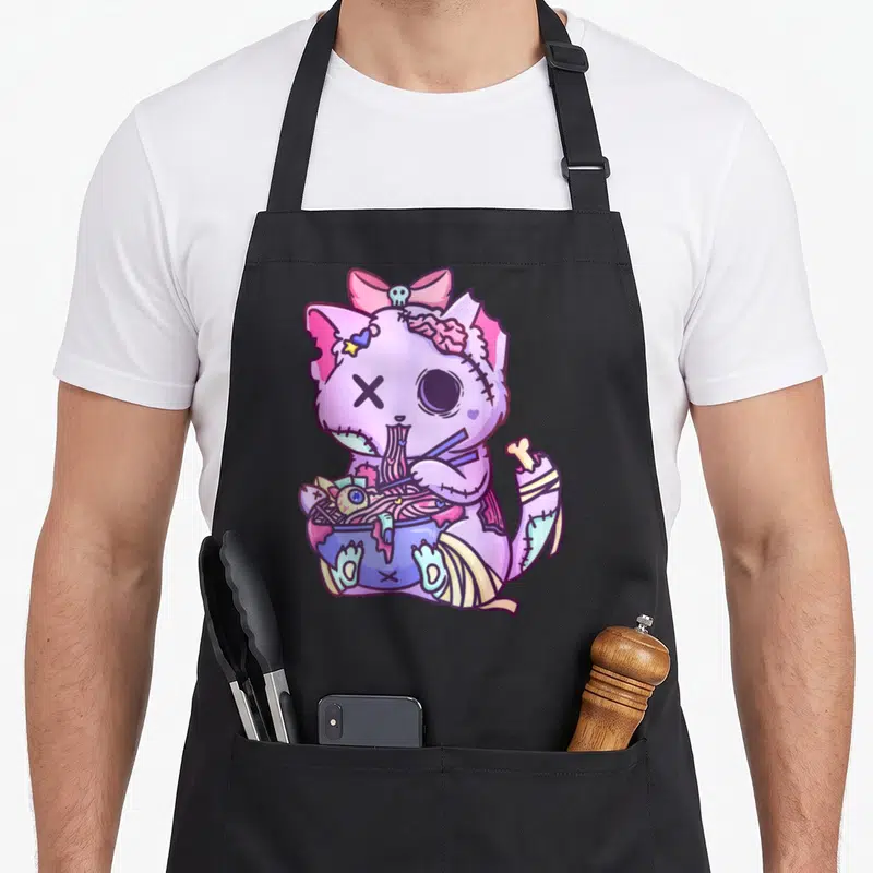 Cat anime cooking apron - Purple zombie cat with skull bow eating noodles from a blue bowl with bandaged limbs — shown on a black cotton canvas apron against a white background