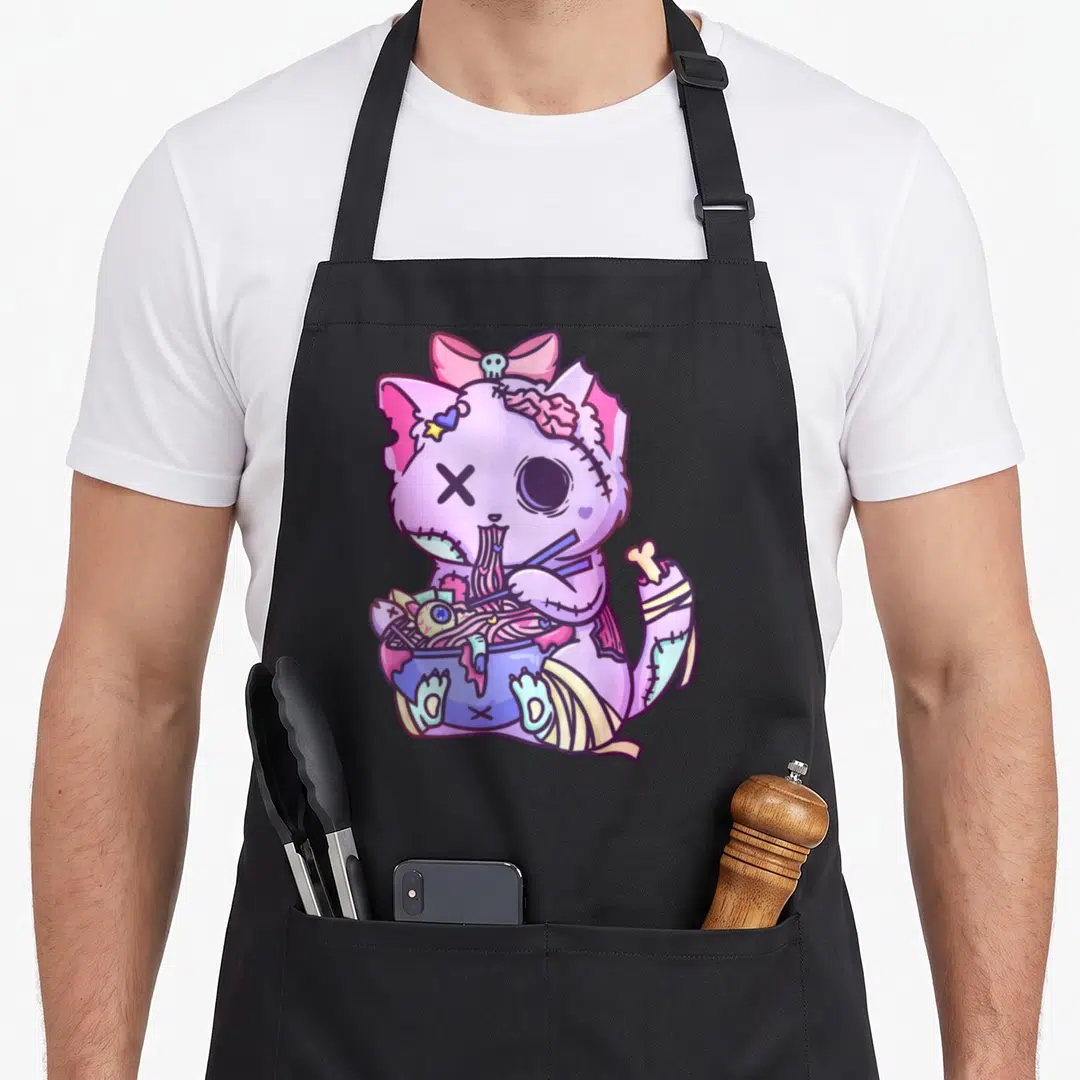 Cat anime cooking apron - Purple zombie cat with skull bow eating noodles from a blue bowl with bandaged limbs — shown on a black cotton canvas apron against a white background