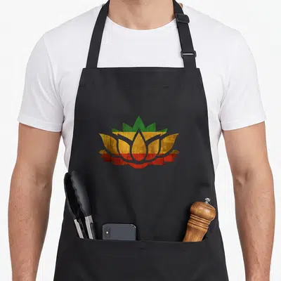 Spiritual colorful aprons - Distressed lotus flower in green yellow and red horizontal bands — shown on a black cotton canvas apron against a white background
