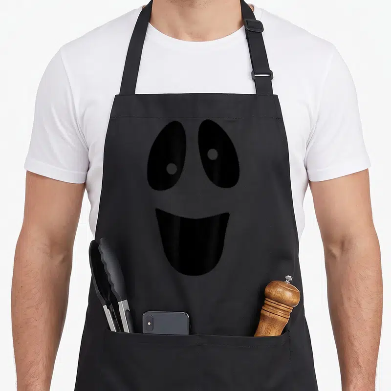 Ghost face halloween apron - Two black oval eyes and wide open mouth forming a minimalist face — shown on a black cotton canvas apron against a white background