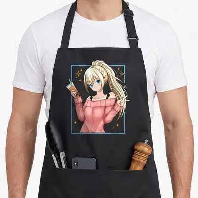 Bubble kawaii anime apron - Blonde anime girl in pink top holding drink and peace sign inside blue frame with yellow — shown on a black cotton canvas apron against a white background
