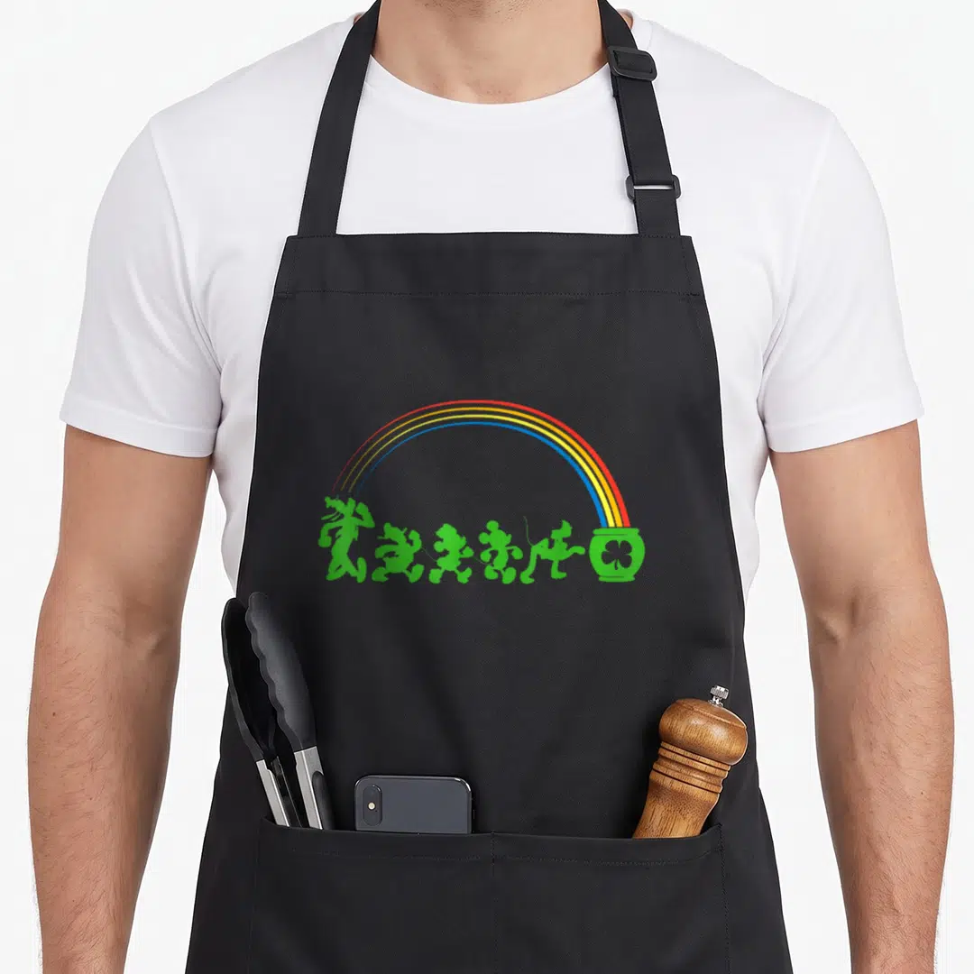 Friend st patrick day aprons - Five green leprechaun silhouettes walking under a red yellow blue rainbow toward — shown on a black cotton canvas apron against a white background