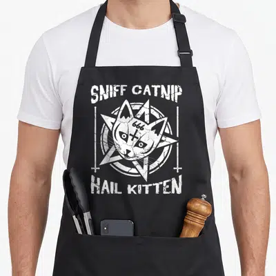 Sniff heavy apron - White cat head inside a pentagram with SNIFF CATNIP and HAIL KITTEN text in distressed style — shown on a black cotton canvas apron against a white background