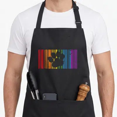 Barcode gay pride apron - Grey paw print silhouette over red orange yellow green blue and purple barcode stripes — shown on a black cotton canvas apron against a white background