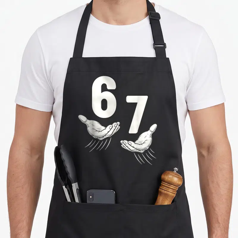 Youth meme apron - White 6 and 7 digits with two open hands and motion lines in line art style — shown on a black cotton canvas apron against a white background