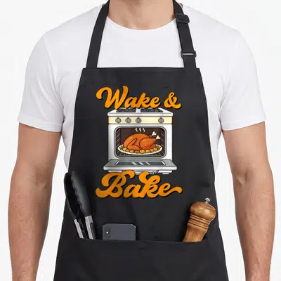 Wake thanksgiving day aprons - Cartoon oven with roasted turkey and Wake and Bake text in orange script — shown on a black cotton canvas apron against a white background