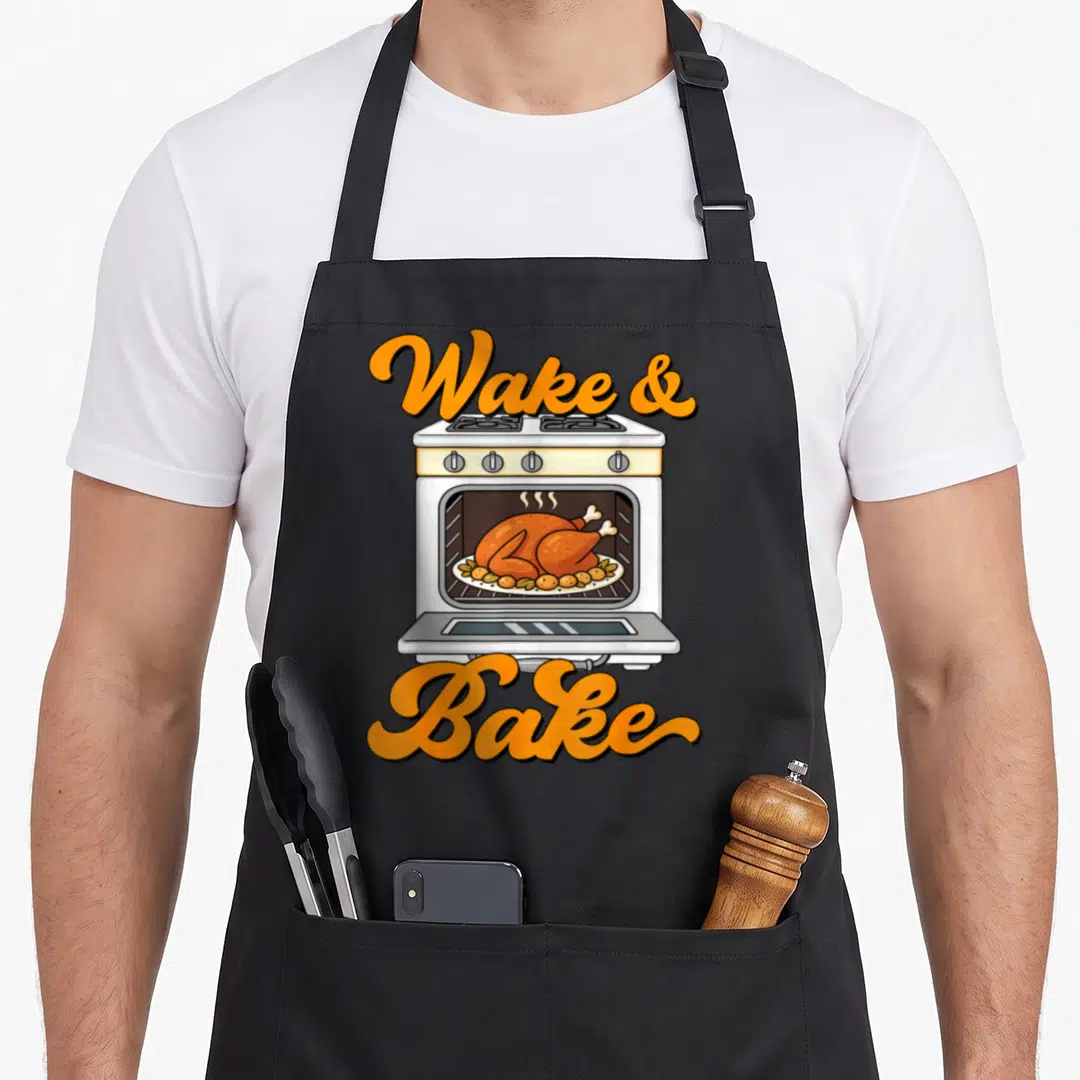 Wake thanksgiving day aprons - Cartoon oven with roasted turkey and Wake and Bake text in orange script — shown on a black cotton canvas apron against a white background