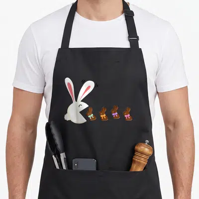 Eating easter bunny aprons - Cartoon white rabbit facing four brown chocolate bunnies with colored bows — shown on a black cotton canvas apron against a white background