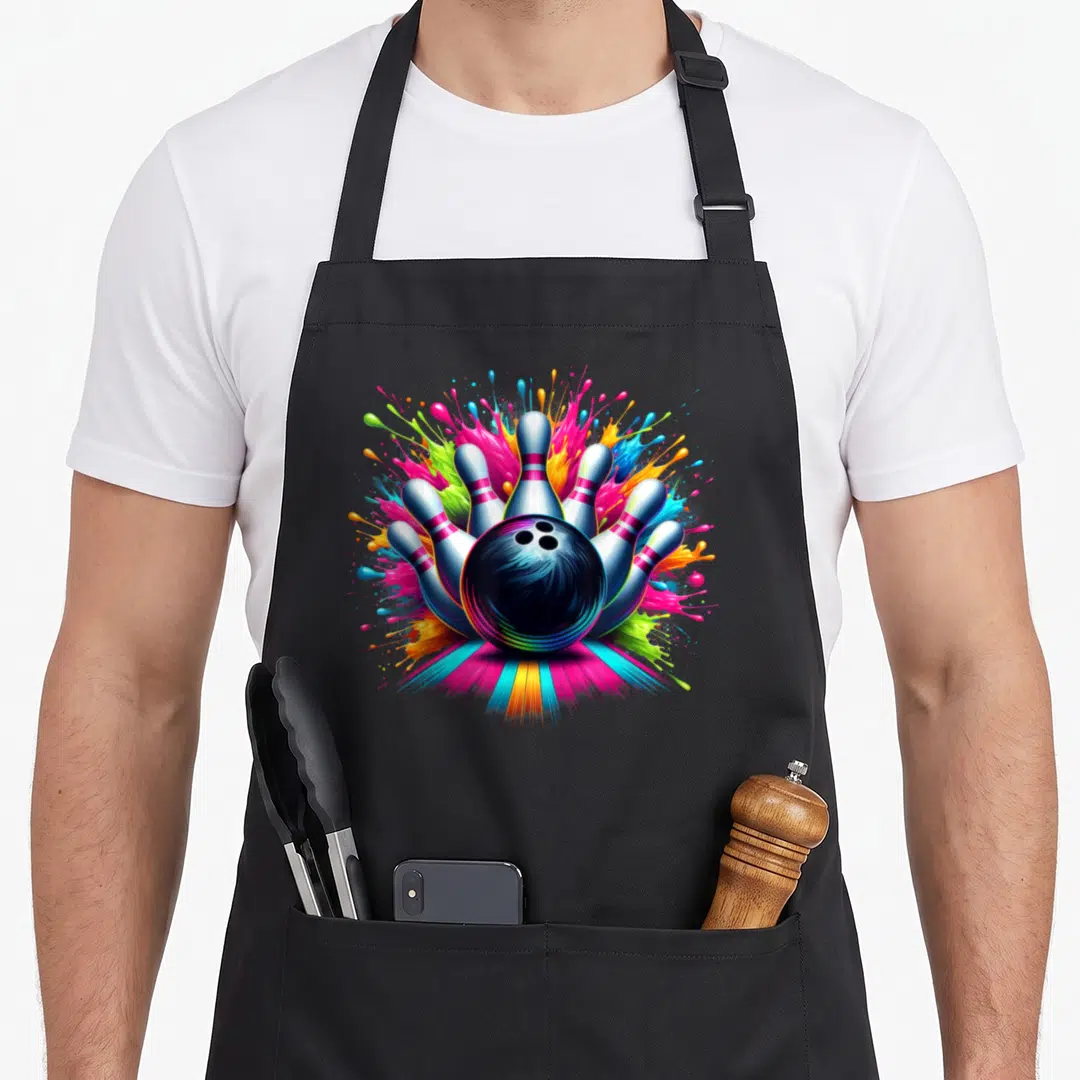 Game colorful aprons - Black bowling ball and pins surrounded by blue pink yellow green paint splashes — shown on a black cotton canvas apron against a white background
