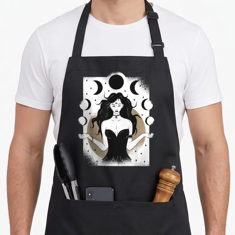 Goddess lunar apron - Line art of a three-eyed woman surrounded by moon phases and stars over a tan circle — shown on a black cotton canvas apron against a white background