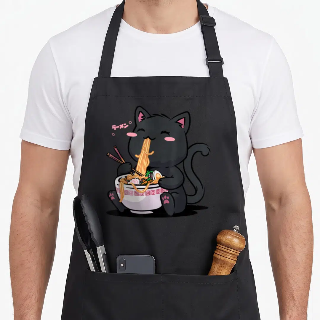 Neko ramen cat apron - Cartoon black cat eating ramen with pink Japanese text — shown on a black cotton canvas apron against a white background