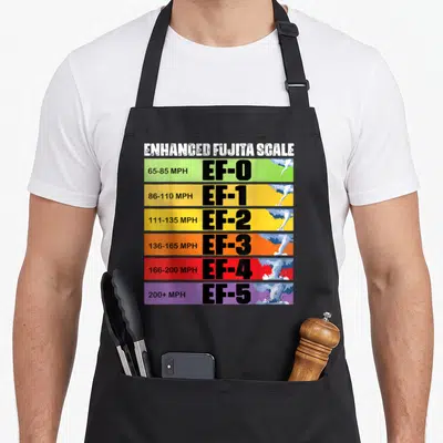 Enhanced meteorologist apron - Six colored bars listing Enhanced Fujita Scale wind speeds and tornado illustrations — shown on a black cotton canvas apron against a white background