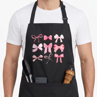 Bow ribbon apron - Nine realistic pink bows arranged in a 3x3 grid pattern — shown on a black cotton canvas apron against a white background