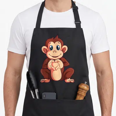 Toddler monkey mom apron - Cartoon brown monkey sitting and forming a heart shape with tan hands and blue eyes — shown on a black cotton canvas apron against a white background