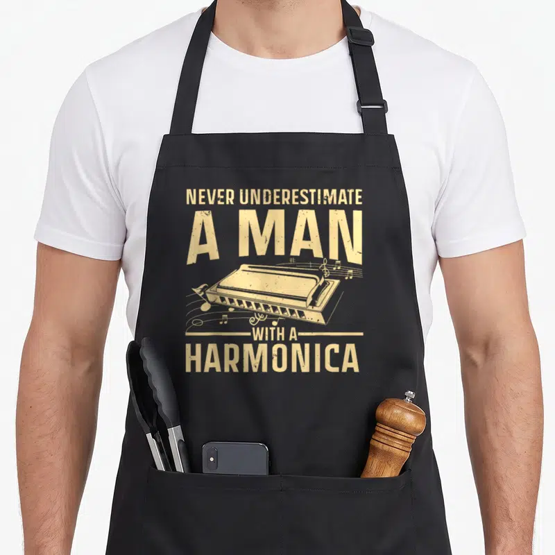 Instrument harmonica apron - Tan distressed text NEVER UNDERESTIMATE A MAN WITH A HARMONICA surrounding a harmonica — shown on a black cotton canvas apron against a white background