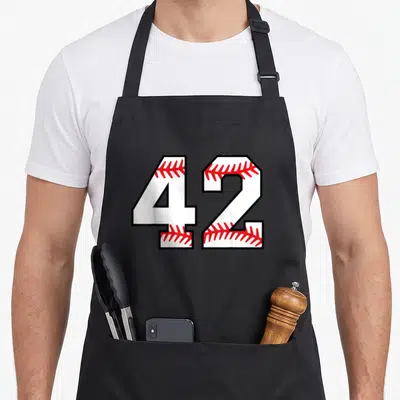 Number baseball apron - White digit 42 with red stitching and black outline — shown on a black cotton canvas apron against a white background