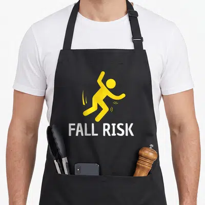 Balance issue fall apron - Yellow stick figure falling above white FALL RISK text — shown on a black cotton canvas apron against a white background