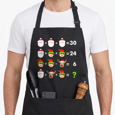 Math teacher christmas apron - Four-line math puzzle with Santa elf reindeer icons and numbers 30 24 6 question mark — shown on a black cotton canvas apron against a white background
