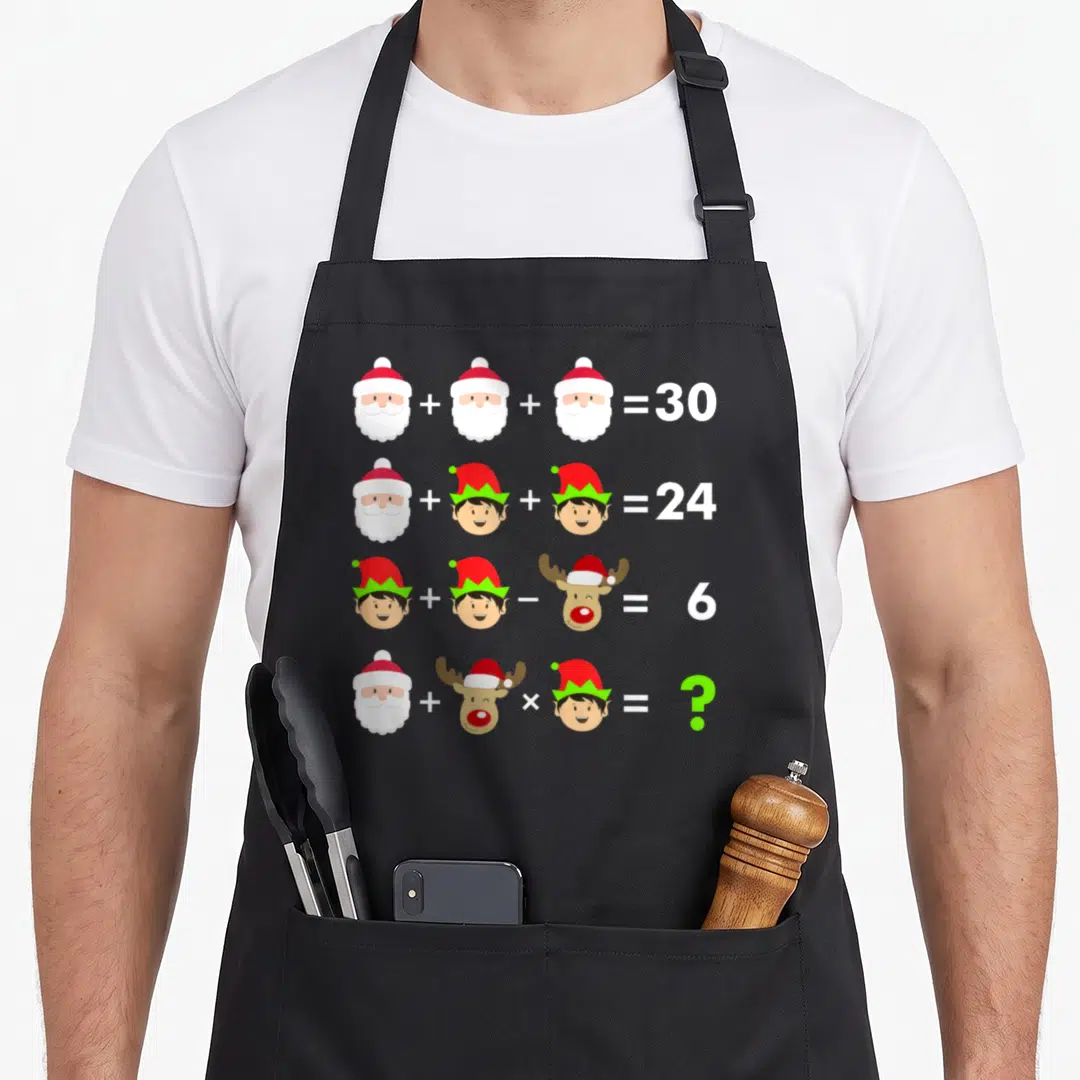 Math teacher christmas apron - Four-line math puzzle with Santa elf reindeer icons and numbers 30 24 6 question mark — shown on a black cotton canvas apron against a white background