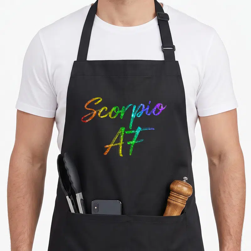 October november birthday apron - Scorpio AF stacked rainbow glitter text in red orange yellow green blue purple — shown on a black cotton canvas apron against a white background