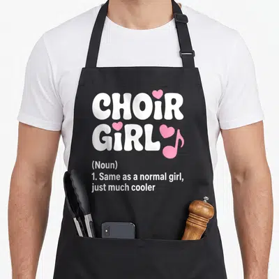 Singing chorus apron - White CHOIR GIRL text with pink hearts and musical note above dictionary definition — shown on a black cotton canvas apron against a white background