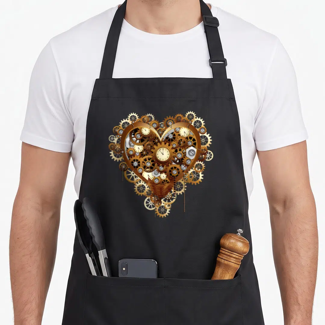 Clockwork steampunk apron - Heart shape formed by interlocking gears, clock faces, and chains in gold, bronze, and white — shown on a black cotton canvas apron against a white background