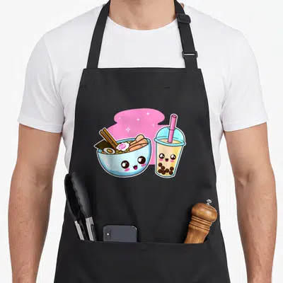 Pop anime apron - Cartoon ramen bowl and bubble tea cup with smiling faces on pink cloud background — shown on a black cotton canvas apron against a white background