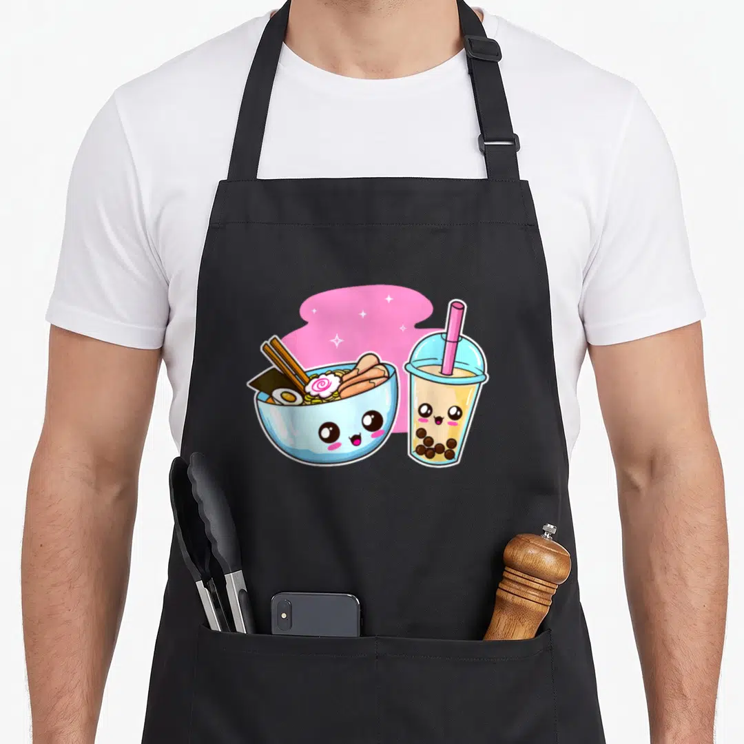 Pop anime apron - Cartoon ramen bowl and bubble tea cup with smiling faces on pink cloud background — shown on a black cotton canvas apron against a white background