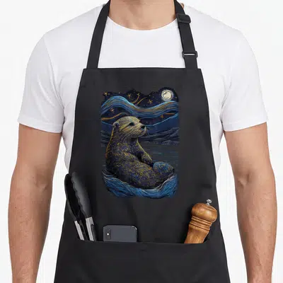 Starry motif sea apron - Realistic otter floating in swirling blue and gold water under a starry night sky with a full — shown on a black cotton canvas apron against a white background