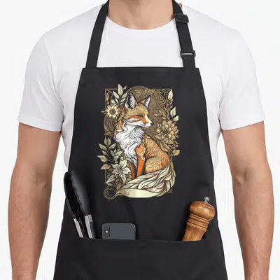 Fox cottagecore apron - Stylized fox in orange cream and tan line art surrounded by flowers in a rectangular frame — shown on a black cotton canvas apron against a white background