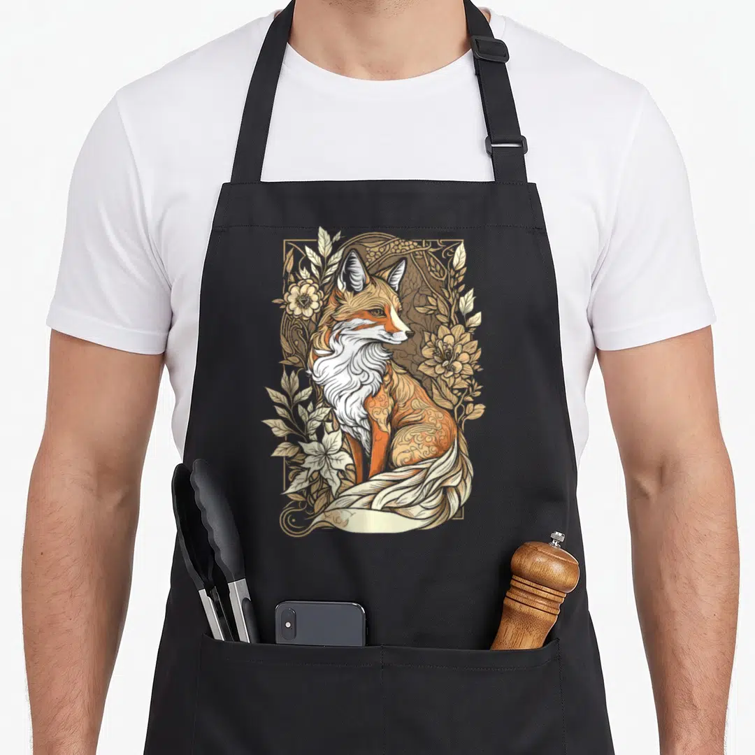 Fox cottagecore apron - Stylized fox in orange cream and tan line art surrounded by flowers in a rectangular frame — shown on a black cotton canvas apron against a white background