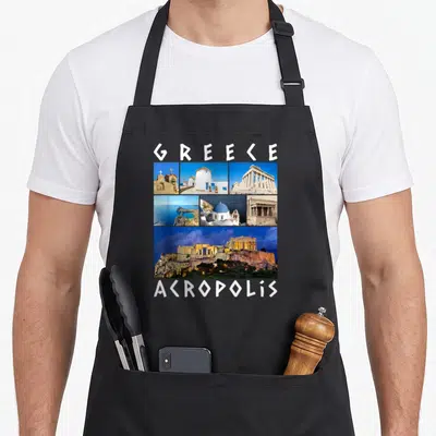Greece famous aprons - Photo collage of Greek landmarks with Greece and Acropolis text in white — shown on a black cotton canvas apron against a white background