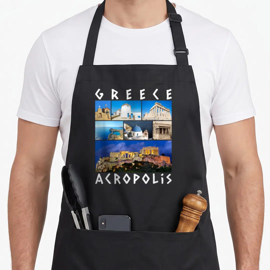 Greece famous aprons - Photo collage of Greek landmarks with Greece and Acropolis text in white — shown on a black cotton canvas apron against a white background