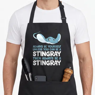 Alway stingray apron - Cartoon light blue stingray above stacked text reading Always Be Yourself Unless You Can Be — shown on a black cotton canvas apron against a white background