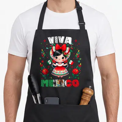Independence mexico apron - Cartoon girl holding two flags under VIVA text and over MEXICO text with red green white — shown on a black cotton canvas apron against a white background