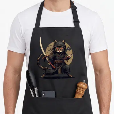 Ninja japanese cat apron - Black and grey tabby cat in ninja gear holding a katana and dagger before a gold circle — shown on a black cotton canvas apron against a white background