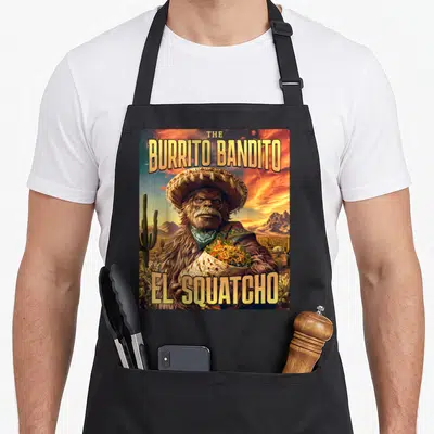 Burrito bigfoot apron - Sasquatch holding burrito wearing sombrero with text The Burrito Bandito El Squatcho — shown on a black cotton canvas apron against a white background