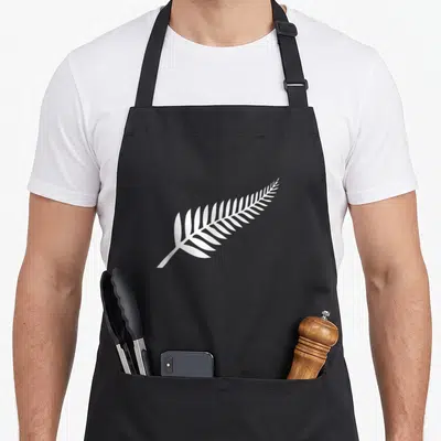 Pride new zealand apron - Single white fern leaf printed diagonally across the center of a dark apron panel — shown on a black cotton canvas apron against a white background