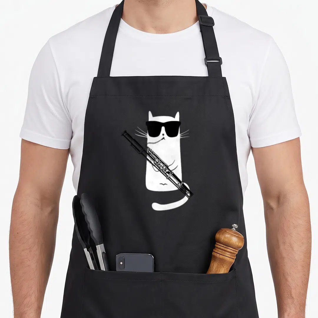 Bassoon cat wearing apron - White cat standing with black sunglasses and bassoon instrument — shown on a black cotton canvas apron against a white background