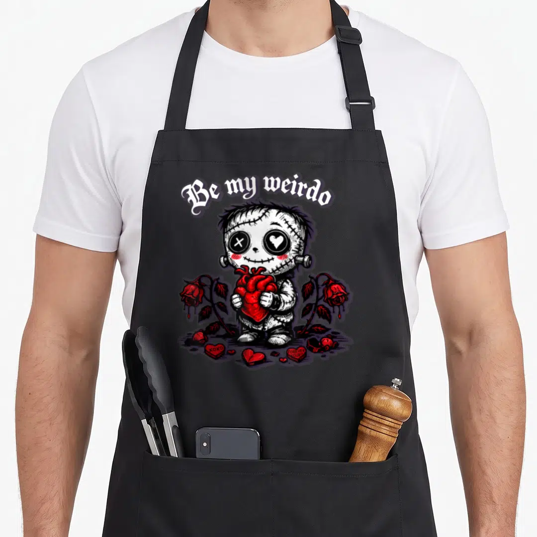 Goth valentine's day apron - Stitched doll holding red heart with 'Be my weirdo' text and roses — shown on a black cotton canvas apron against a white background