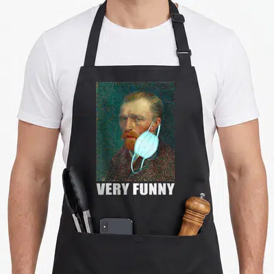 Face van gogh apron - Portrait of a man with a blue mask hanging off one ear above white text reading VERY FUNNY — shown on a black cotton canvas apron against a white background