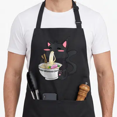 Bowl kawaii cat apron - Black cat sitting eating noodles from white bowl with pink toppings using chopsticks — shown on a black cotton canvas apron against a white background