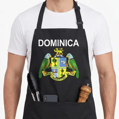 National heritage aprons - Dominica coat of arms with two parrots, shield, lion, and Bondie C'est La Ter banner — shown on a black cotton canvas apron against a white background